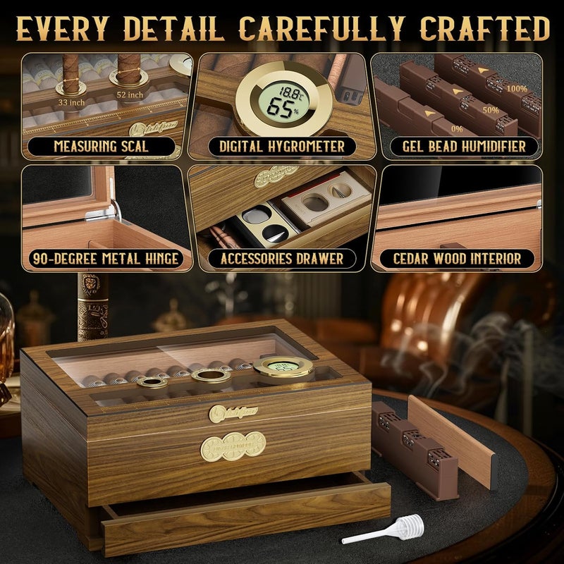 LIHTUN Cigar Humidor, Glass Top Desktop Cigars Case with Digital Hygrometer, Humidifier, Cigar Accessories Drawer and Measuring Scale, Cigars Humidors Box for Men Gift - Image 3